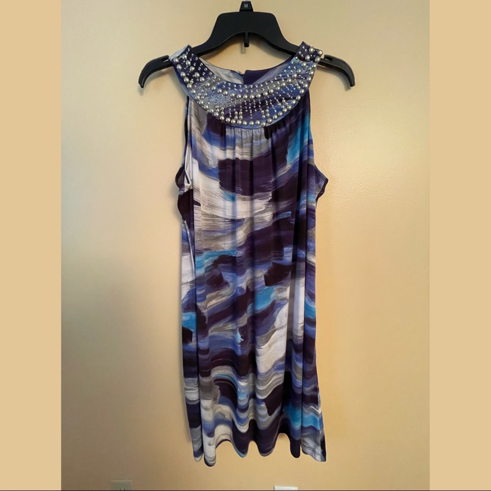 Blue and purple dress with silver neckline